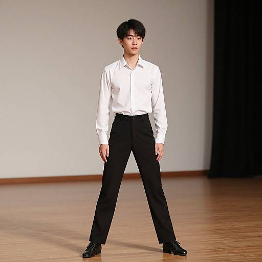 Photograph of an Asian male model with short black hair, wearing a white long-sleeve shirt and black pants, standing confidently with legs apart on
