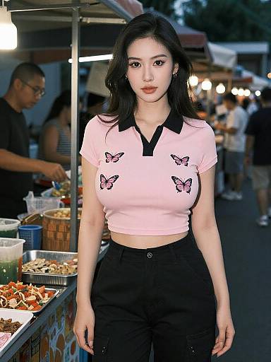 Photograph of an Asian woman with long black hair, wearing a pink butterfly-emblazoned crop top and black pants, standing at a nighttime food