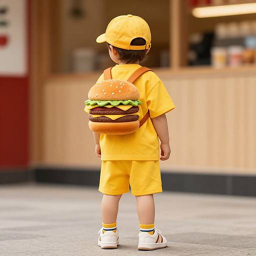 Photograph of a young child in yellow outfit and cap, carrying a cheeseburger-shaped backpack, standing in front of a blurred, wooden cafe.