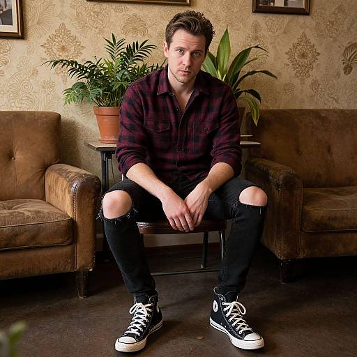 Man in Burgundy Flannel in Cozy Lobby