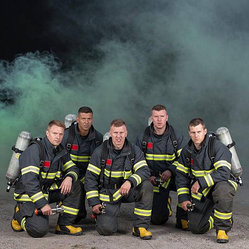 Intense Firefighters in Green Smoke