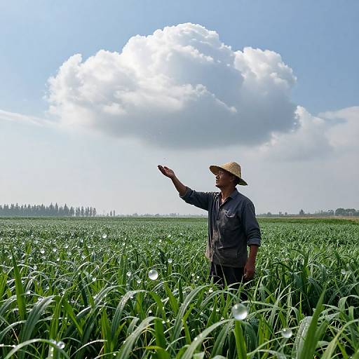 Photograph of a farmer in a straw hat, standing in a lush green field, pointing at a large white cloud in a bright blue sky.