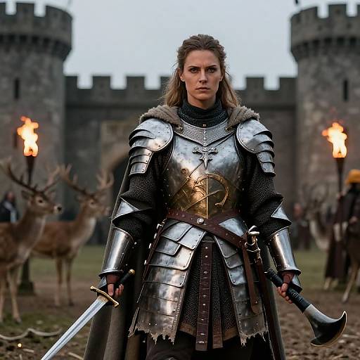 Photograph of a serious, blonde, armored woman with long hair, holding a sword and axe, standing before a castle with torches and deer,
