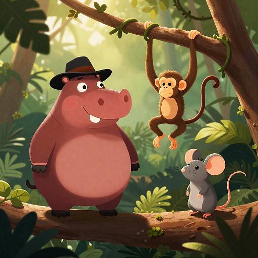 Whimsical Jungle Animals on Tree Branch