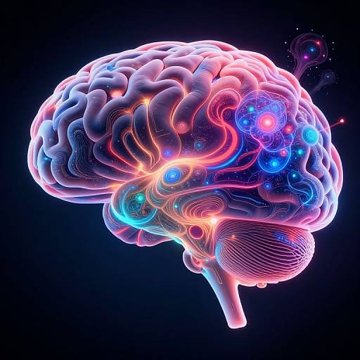 Digital artwork of a glowing, neon-colored human brain with vibrant blue, pink, and orange lights against a dark background.