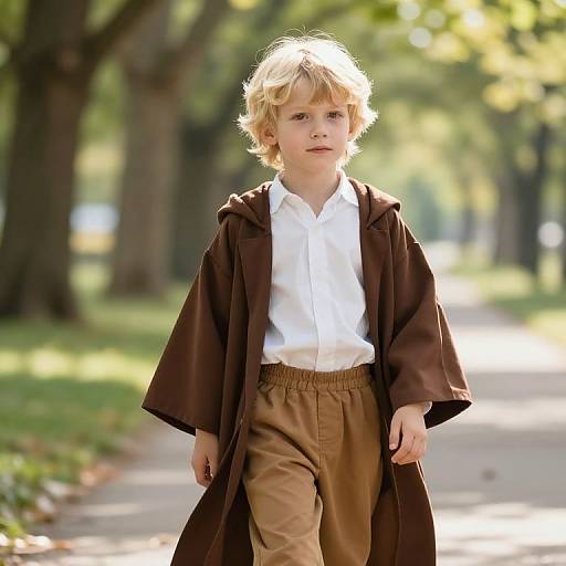 Photograph of a blonde, fair-skinned young boy with wavy hair, wearing a brown robe over a white shirt and brown pants, standing on