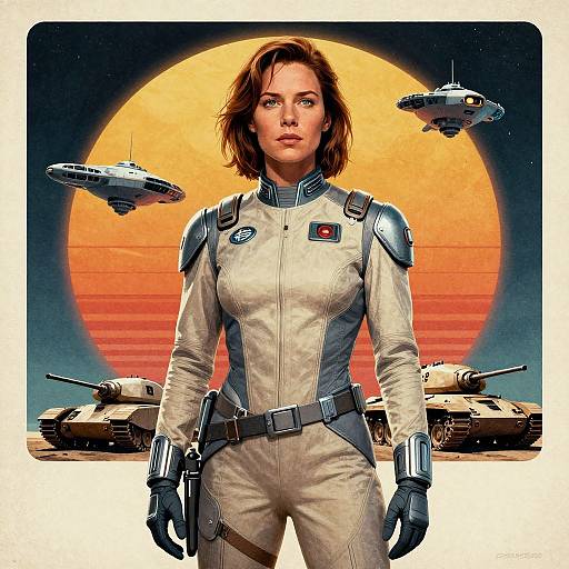Digital artwork: Strong, brown-haired woman in beige, form-fitting space suit with shoulder pads, standing confidently against orange sun, three flying spaceships