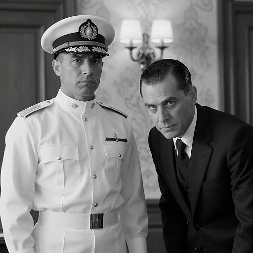 Black-and-white photograph of two men: a serious naval officer in white uniform with peaked cap, and a slightly leaning man in black suit and tie,
