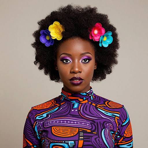 Photograph of a dark-skinned woman with afro hair adorned with colorful flowers, wearing vibrant, abstract-patterned purple and orange top, against a