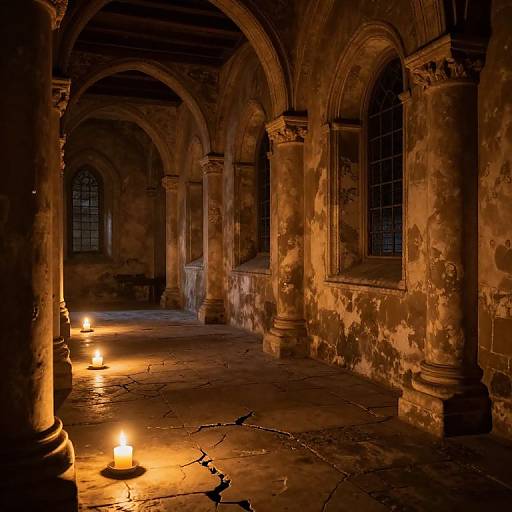 Photograph of a dimly-lit, ancient, stone-walled corridor with arched windows, cracked floor, and lit candles casting a warm,