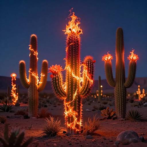 Photograph of fiery, glowing cacti in a desert at night, with bright orange flames illuminating the dark blue sky and sandy landscape.