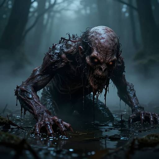 Digital artwork of a grotesque, bald, mud-covered zombie with glowing eyes, crawling through a dark, misty forest, hands and fingers dripping with