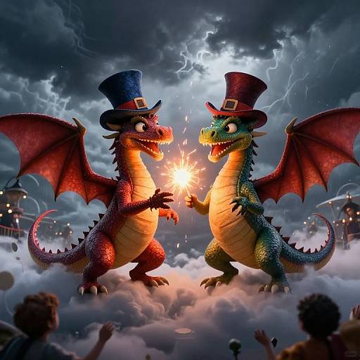 Dragons in Top Hats Amid Stormy Skies