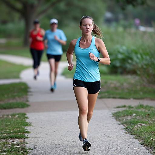 Photograph of a focused, athletic woman in a light blue tank top and black shorts, running on a park path with two blurred background runners in red