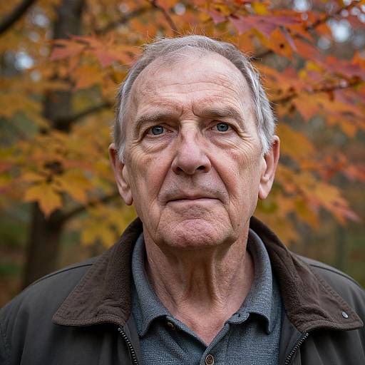 Photograph of an elderly white man with gray hair, wrinkled face, blue eyes, wearing a dark jacket over a gray shirt, against an autumn