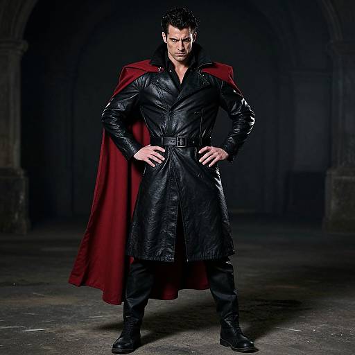 Photograph of a muscular man with dark hair, wearing a black leather coat, red cape, and black pants, standing confidently in a dimly lit