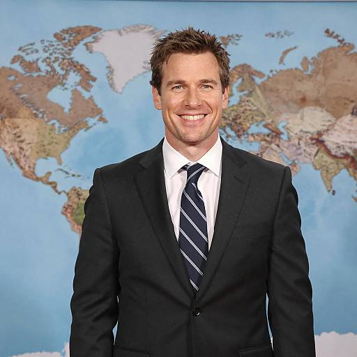 Confident Man in Suit Against World Map
