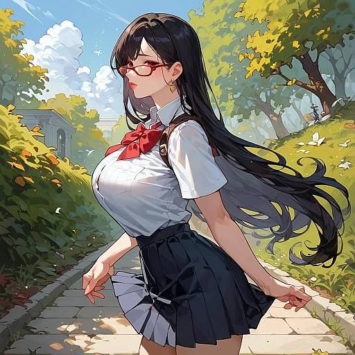 Digital anime-style illustration of a beautiful, busty, long-haired girl in a school uniform with glasses, red bowtie, black skirt, and white blouse