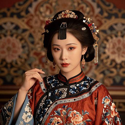 Photograph of an Asian woman in an elaborate traditional Japanese kimono with intricate floral patterns, adorned with gold jewelry and a black hairpin, set against