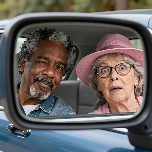 Couple Reflected in Car Side Mirror
