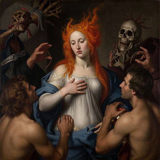 Digital artwork of a pale, red-haired woman with fiery hair, wearing a white dress, surrounded by three dark, skeletal figures and two muscular, shirt