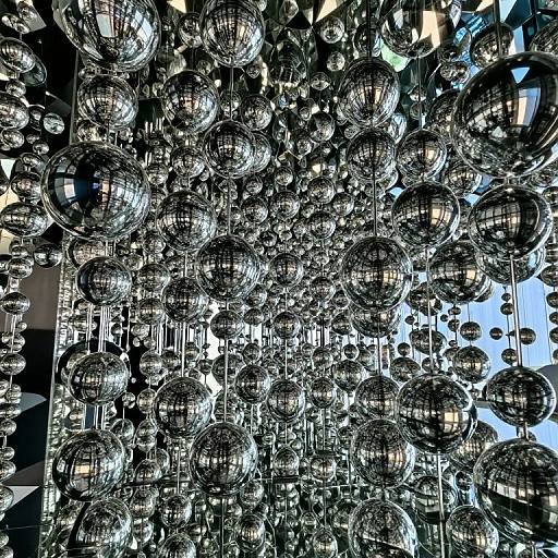 Photograph of numerous silver, reflective, spherical mirrors hanging densely in a grid pattern, creating a shimmering, kaleidoscopic ceiling display.