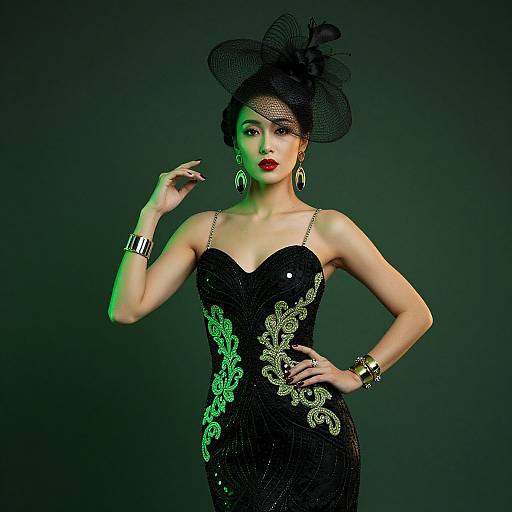 Photograph of an elegant Asian woman in a black sequined dress with gold embroidery, black lace hat, green light, and silver jewelry.
