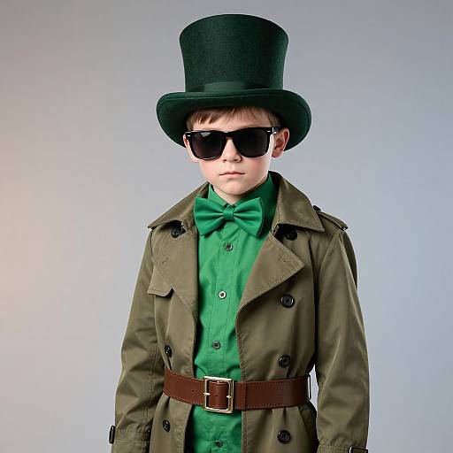 Photograph of a young boy in a green bow tie, green shirt, olive coat, black top hat, and dark sunglasses, against a gradient gray