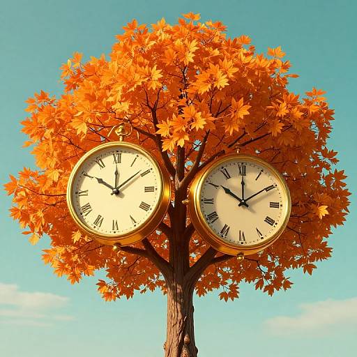 Photograph of a tree with vibrant orange autumn leaves, two round clock faces in gold frames, one on each side, set against a clear blue sky