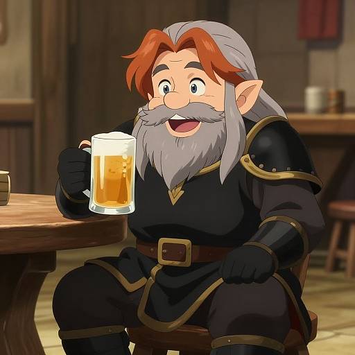 Cartoon-style elf with gray hair and beard, wearing black armor, sitting at wooden table, smiling, holding frothy beer mug.