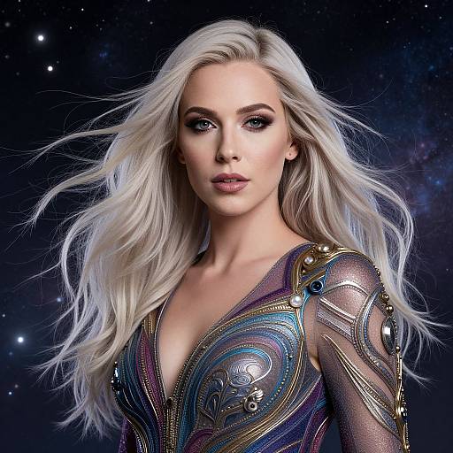 Photograph-style CGI of a beautiful, blonde woman with long, flowing hair, wearing a shimmering, iridescent, armored suit against a star