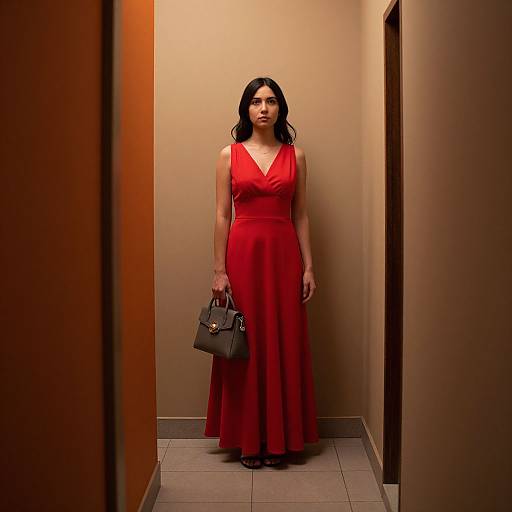 Photograph of a confident woman with dark hair in a red, sleeveless, V-neck dress, holding a gray handbag, standing in a narrow