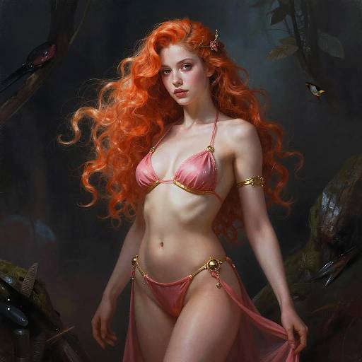 Digital painting of a fair-skinned, red-haired woman with flowing hair, wearing a pink, gold-accented bikini with a sheer skirt, standing