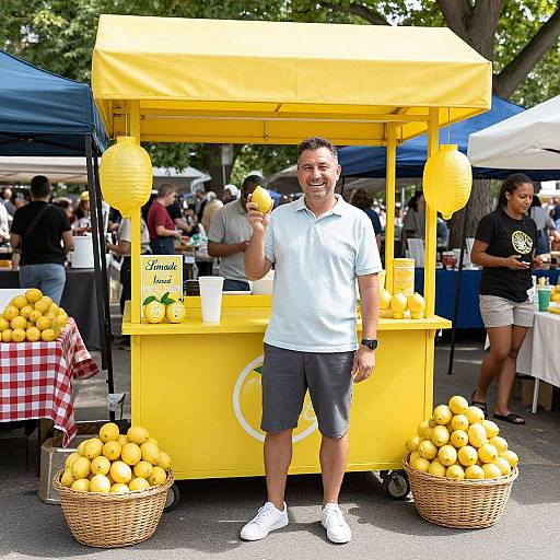 Cheerful Man at Vibrant Lemonade Stand