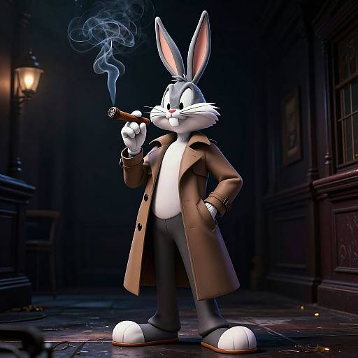 CGI image of a smirking, anthropomorphic white rabbit in a brown trench coat, holding a cigar with smoke, standing on a dark,
