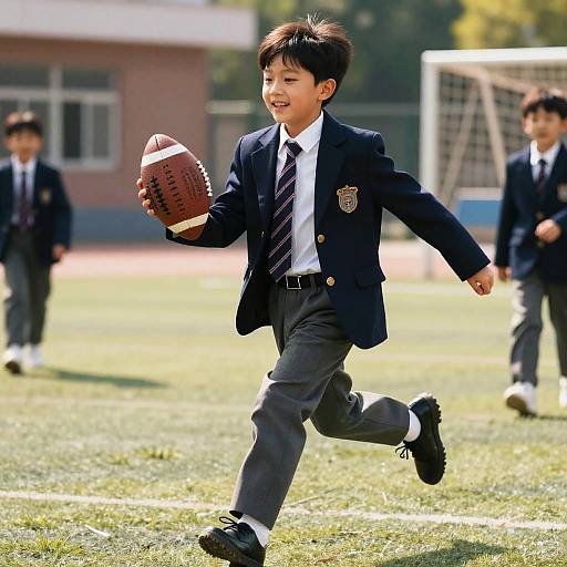 Photograph of a young Asian boy in a navy blazer, white shirt, and striped tie running on a grassy field, holding a football,