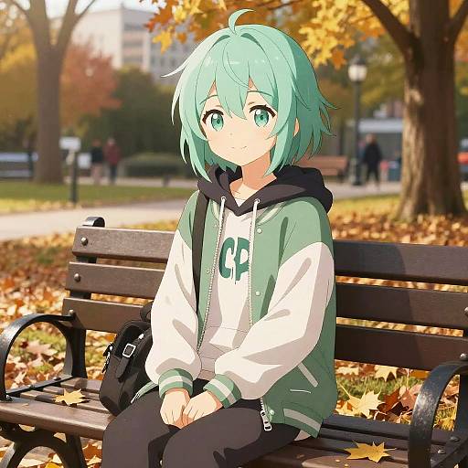 Anime-style digital drawing of a green-haired girl with large eyes, wearing a green and white hoodie, sitting on a park bench amidst autumn leaves. Background