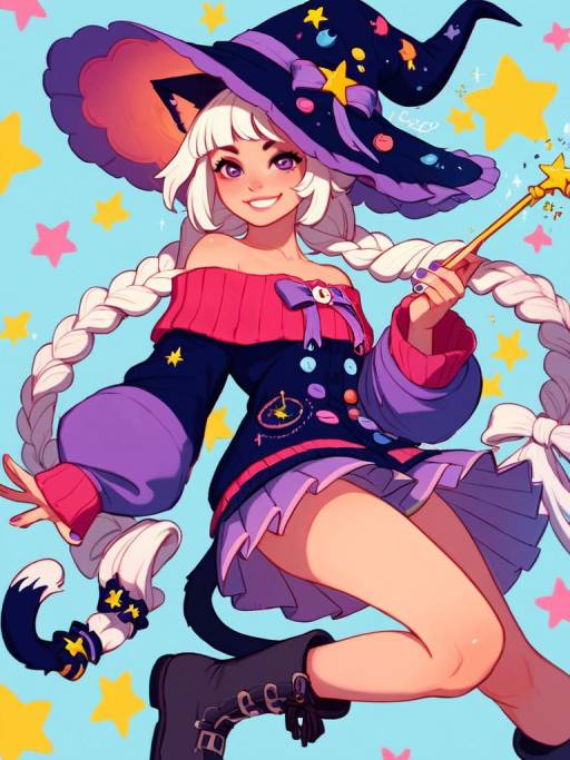 Charming Pastel Witch with Cat Tail