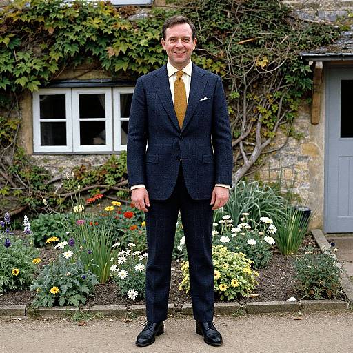 Confident Man in Tweed Suit by Cottage