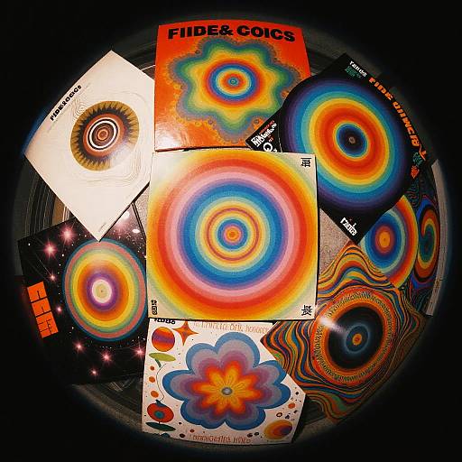 Photograph of colorful, psychedelic posters with concentric ring patterns and vibrant swirls, arranged around a fisheye lens, creating a distorted, kale