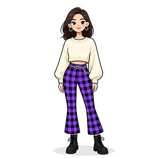 Digital illustration of a young woman with fair skin, dark brown hair, wearing a white crop top, purple and black plaid pants, and black boots