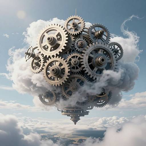 Photorealistic digital art of a cloud-shaped cluster of interlocking gears floating in a bright blue sky with scattered white clouds.