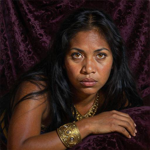 Photograph of a serious Indian woman with dark brown skin, long black hair, amber eyes, wearing a gold necklace and bracelet, against a rich purple
