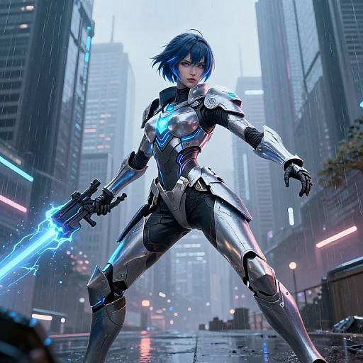 CGI cyberpunk scene: Blue-haired woman in futuristic armor wields glowing blue sword, standing in rain-soaked city street between towering skyscrapers