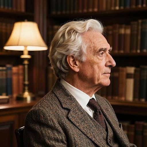 Photograph of an elderly man with white hair, wearing a brown tweed suit, white shirt, and dark tie, seated in a dimly lit