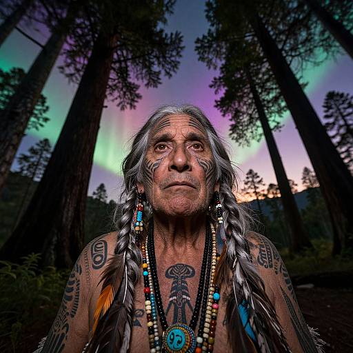 Photograph of a Native American elder with long gray hair, braids, tribal tattoos, colorful beads, and forest background at sunset.