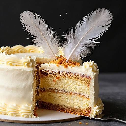 Photograph of a layered cake with white frosting, topped with two white feathers, and a slice cut out, resting on a plate with a silver fork