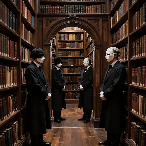 Photograph: Five masked men in black coats and hats stand in a dimly lit, wooden library with tall bookshelves. Arched doorway in