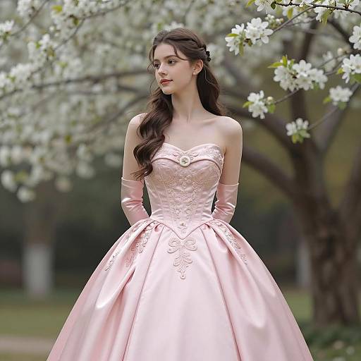Elegant Woman in Pink Satin Ball Gown Outdoors