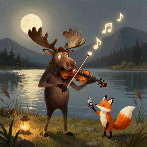 Digital drawing of a moose playing violin under a full moon, with a fox dancing to music notes, by a serene lake. Lantern glows on